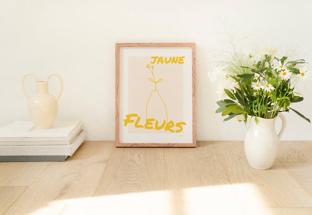 Yellow Flower Line Art, Large Yellow Wall Art, Sunshine Yellow Art, Jaune Fleurs, French Phrase Art, Dorm decor, Modern Home Decor