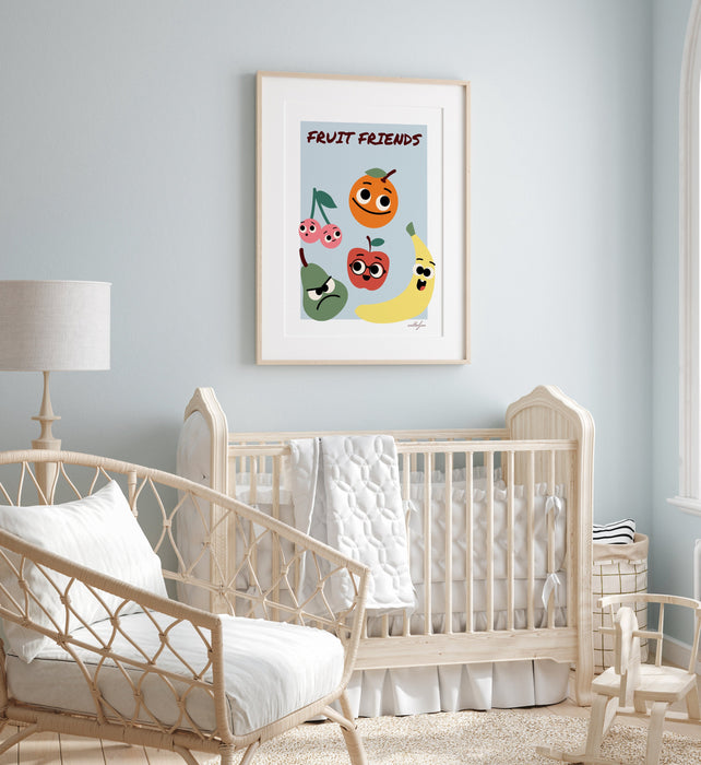 Fruit Friends Art Print, Kids Room Decor, Unique Nursery Decor, Kitchen Wall Art, Playroom Print, Kawaii Fruit Art