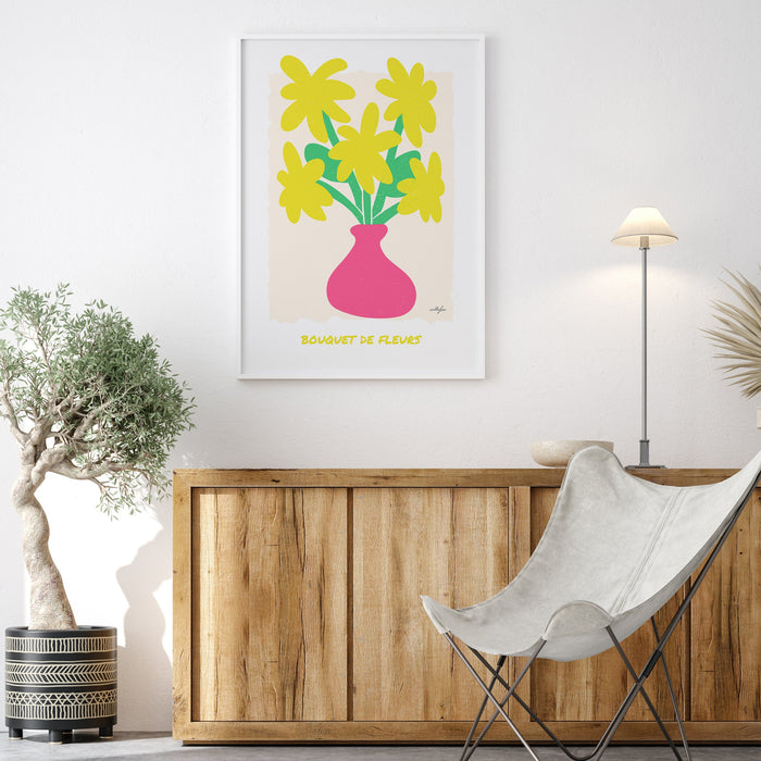 Colourful Flower Poster Print, Yellow Flower Bouquet Wall Art, Modern Fine Art Giclée Poster