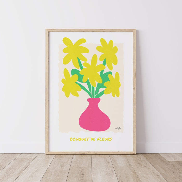 Colourful Flower Poster Print, Yellow Flower Bouquet Wall Art, Modern Fine Art Giclée Poster
