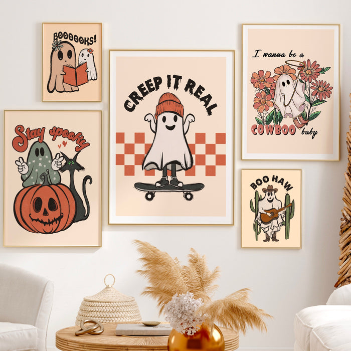 Trendy retro halloween gallery wall set of 10 PRINTABLES, Cute ghost prints, Printable digital downloads, Neutral beige color