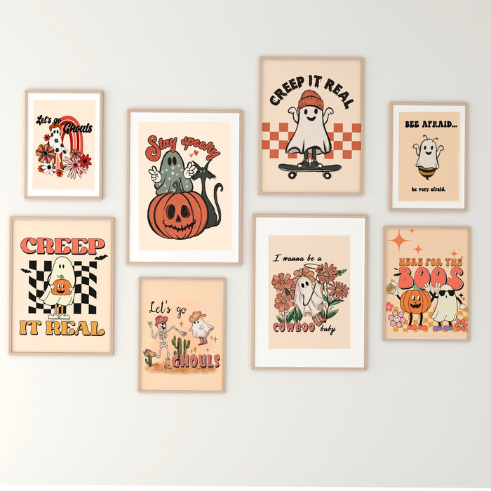 Trendy retro halloween gallery wall set of 10 PRINTABLES, Cute ghost prints, Printable digital downloads, Neutral beige color