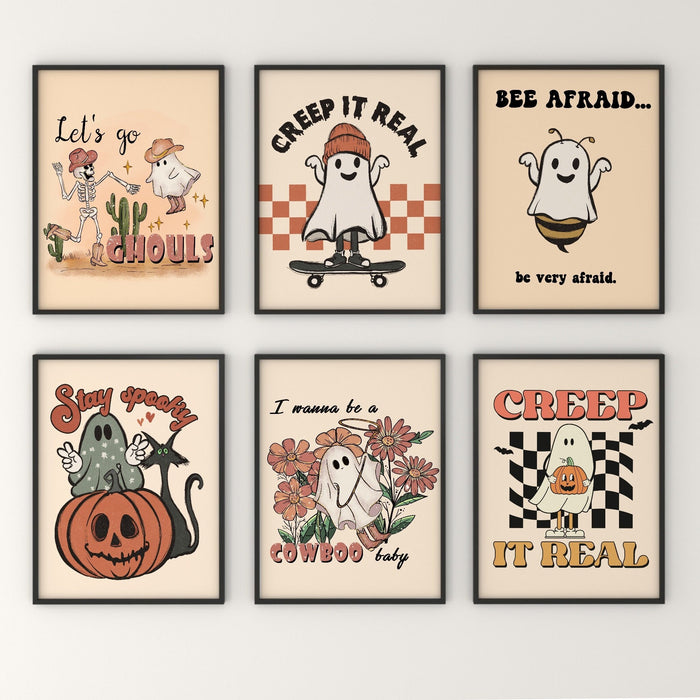 Trendy retro halloween gallery wall set of 10 PRINTABLES, Cute ghost prints, Printable digital downloads, Neutral beige color