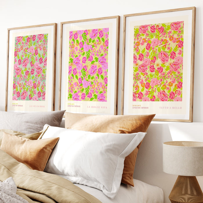 Gallery Wall Art Set Of 3 Prints, Kitchen Wall Art, Kitchen Decor, Pink Green Flower Market Print, 70s Style Poster, 60s 70, Pink Printable