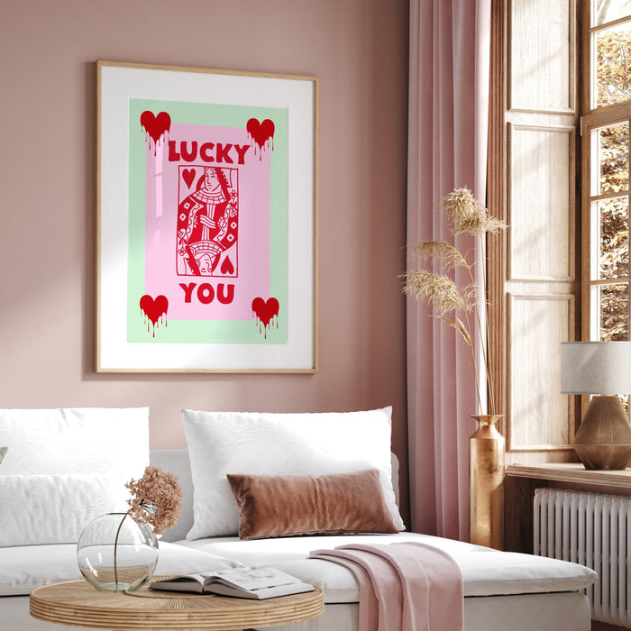 Green and Pink Retro Trendy Aesthetic Wall Art, Trendy Retro Wall Print | Preppy Wall Art | Preppy Pink Poster | Retro Dorm Decor, Lucky You