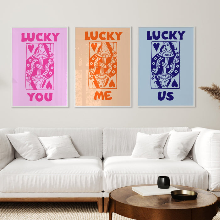 Retro Trendy Aesthetic Wall Art, Wall Print, Digital Download Print, Wall Decor, Large Printable Art, Queen of Hearts, Lucky You, Set of 3