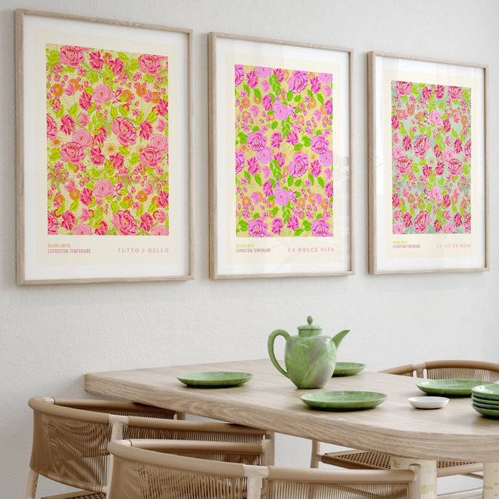 Gallery Wall Art Set Of 3 Prints, Kitchen Wall Art, Kitchen Decor, Pink Green Flower Market Print, 70s Style Poster, 60s 70, Pink Printable