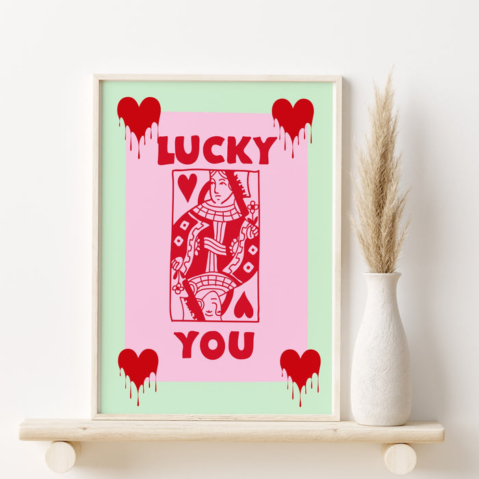 Green and Pink Retro Trendy Aesthetic Wall Art, Trendy Retro Wall Print | Preppy Wall Art | Preppy Pink Poster | Retro Dorm Decor, Lucky You