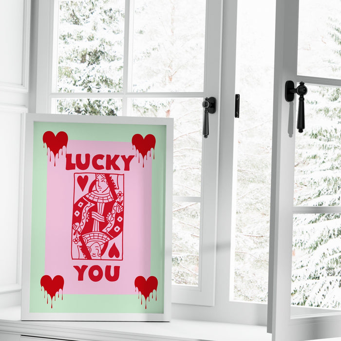 Green and Pink Retro Trendy Aesthetic Wall Art, Trendy Retro Wall Print | Preppy Wall Art | Preppy Pink Poster | Retro Dorm Decor, Lucky You