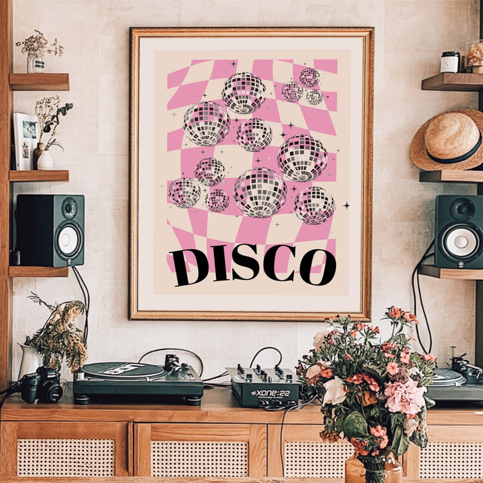 Trendy Retro Disco Ball Poster | Disco Ball Print | Preppy Poster | Disco Poster | Disco Ball Decor  | Pink prints | Minimalist, Pink Prints