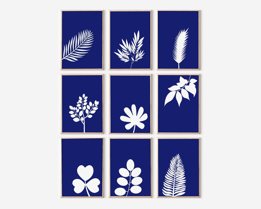 Blue wall decor gallery set of 9, fern leaf prints, botanical prints, trendy poster set, minimalist art set, blue white wall art, botanical