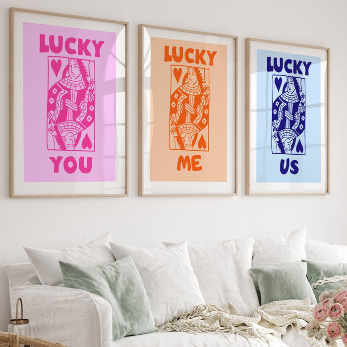 Retro Trendy Aesthetic Wall Art, Wall Print, Digital Download Print, Wall Decor, Large Printable Art, Queen of Hearts, Lucky You, Set of 3