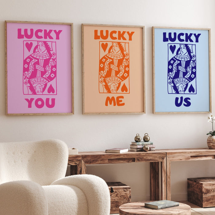 Retro Trendy Aesthetic Wall Art, Wall Print, Digital Download Print, Wall Decor, Large Printable Art, Queen of Hearts, Lucky You, Set of 3