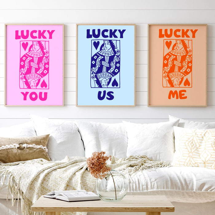 Retro Trendy Aesthetic Wall Art, Wall Print, Digital Download Print, Wall Decor, Large Printable Art, Queen of Hearts, Lucky You, Set of 3