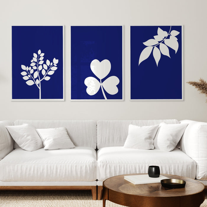 Blue wall decor gallery set of 9, fern leaf prints, botanical prints, trendy poster set, minimalist art set, blue white wall art, botanical