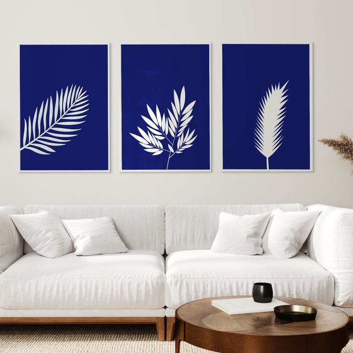 Blue wall decor gallery set of 9, fern leaf prints, botanical prints, trendy poster set, minimalist art set, blue white wall art, botanical