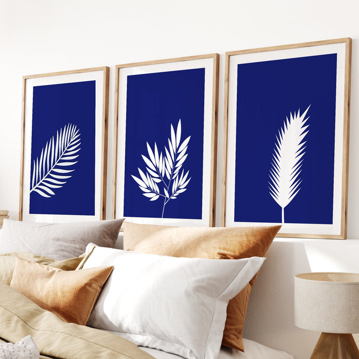 Blue wall decor gallery set of 9, fern leaf prints, botanical prints, trendy poster set, minimalist art set, blue white wall art, botanical
