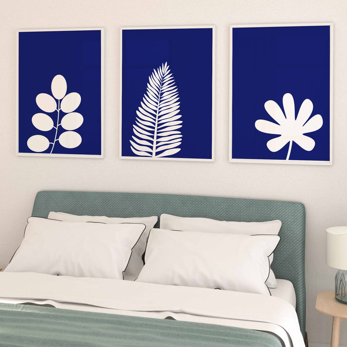 Blue wall decor gallery set of 9, fern leaf prints, botanical prints, trendy poster set, minimalist art set, blue white wall art, botanical