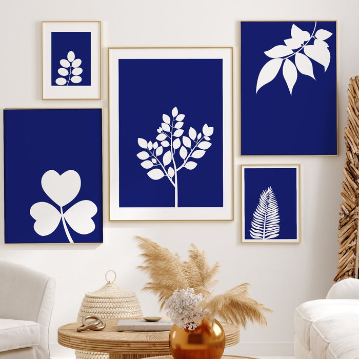 Blue wall decor gallery set of 9, fern leaf prints, botanical prints, trendy poster set, minimalist art set, blue white wall art, botanical