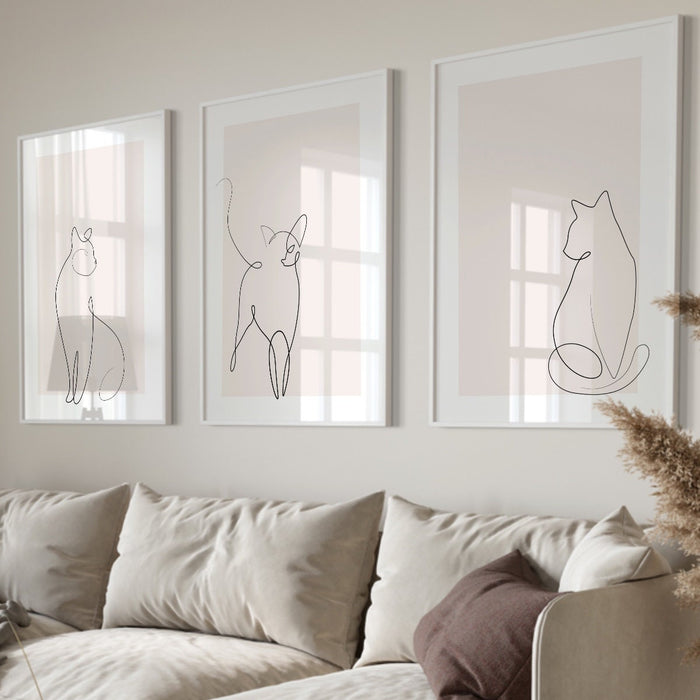 Neutral Wall Art Set Of 3,Boho Cat line art poster,Blush Pink Print, Pale Pink Wall Decor,Minimalist Wall Art,Pink Wall Art, Cute at Print