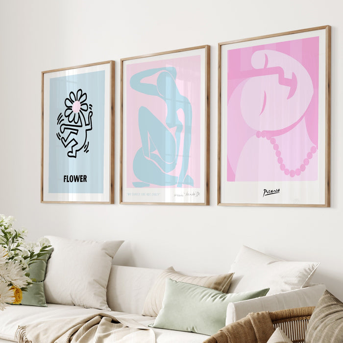 Gallery Wall Set Of 3 Prints,Picasso Print, Flower Market Print,Matisse Cut Out,Trendy Wall Art,Digital Download,Pale Pink Wall Art, Haring
