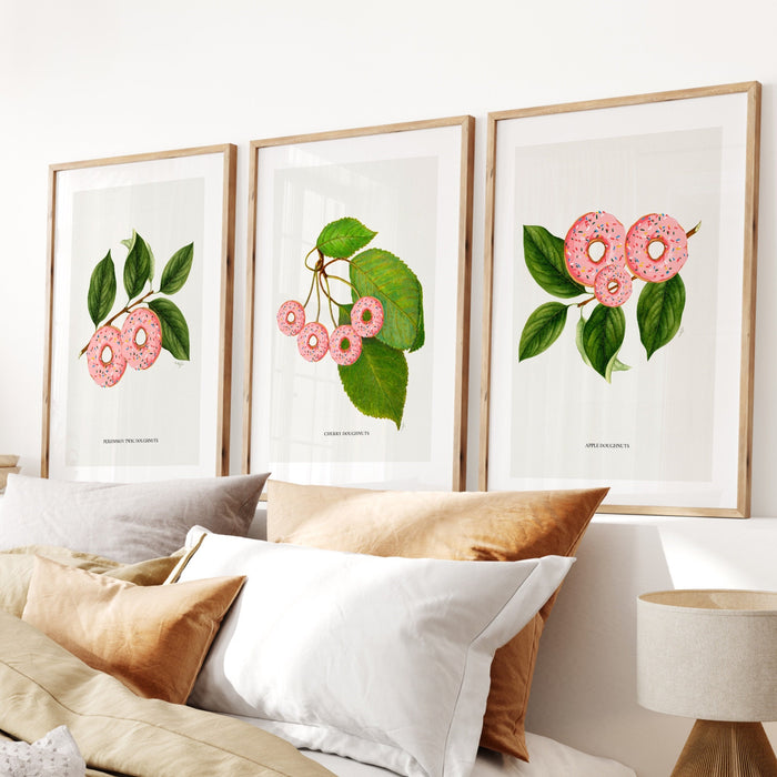 Botanical vintage, set of 3, donuts poster, Green and pink, Modern kitchen art, Printable wall art, Plant lover gift,donut, INSTANT DOWNLOAD