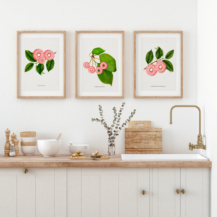 Botanical vintage, set of 3, donuts poster, Green and pink, Modern kitchen art, Printable wall art, Plant lover gift,donut, INSTANT DOWNLOAD