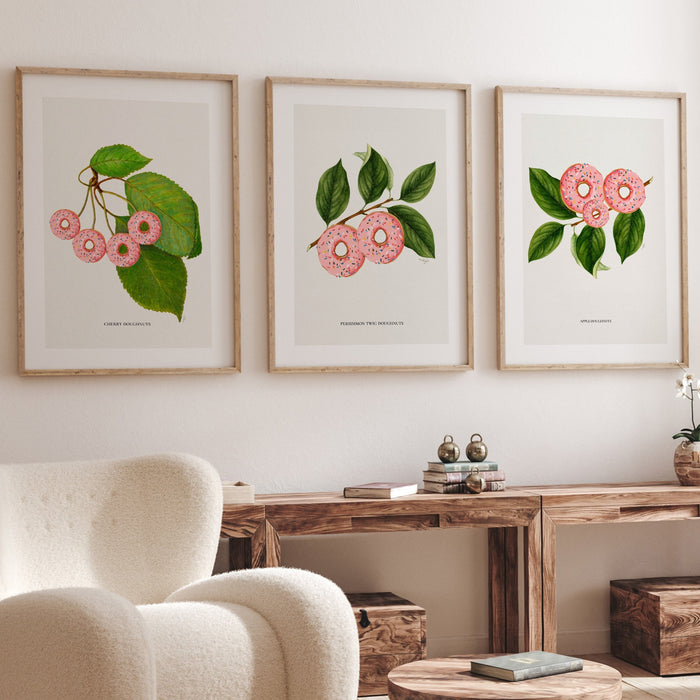 Botanical vintage, set of 3, donuts poster, Green and pink, Modern kitchen art, Printable wall art, Plant lover gift,donut, INSTANT DOWNLOAD