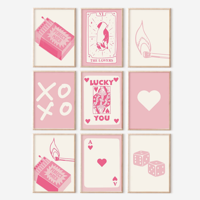 Valentines Trendy Retro Wall Art Bundle of 9, Aesthetic Print,Lucky You Poster, Pink Cream Ace Card Poster,Trendy Art,Funny Art, Digital Art