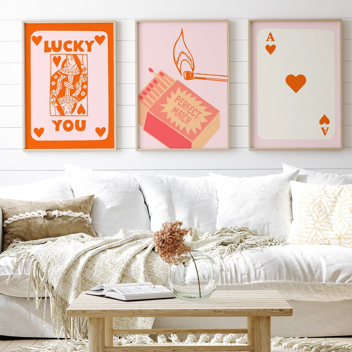 Trendy Retro Wall Art, Set of 9, Trendy Aesthetic Print,Lucky You Poster, Pink Peach Ace Card Poster, Funny Art, Printable, Dork Room Art