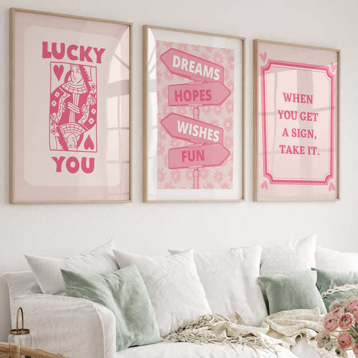 Trendy Retro Wall Art Set of 6,Retro Trendy Aesthetic Print,Lucky You Poster,Pink Print,Trendy Wall Art,Funny Art, Minimalist, Digital Art