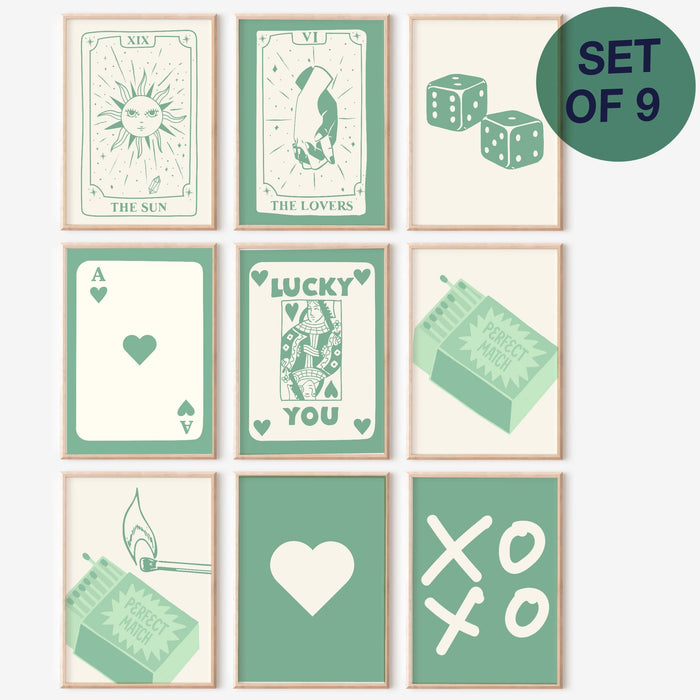Trendy Retro Wall Art Set of 9,Retro Trendy Aesthetic Print,Lucky You Poster,Sage Green Art, Trendy Wall Art,Funny Art, Minimalist, Digital