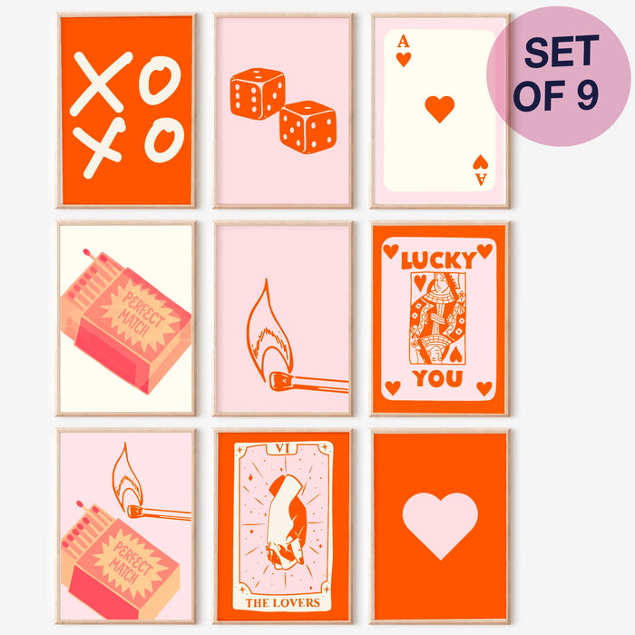Trendy Retro Wall Art, Set of 9, Trendy Aesthetic Print,Lucky You Poster, Pink Peach Ace Card Poster, Funny Art, Printable, Dork Room Art