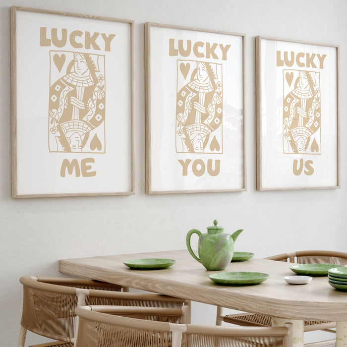 Neutral boho Print, Trendy Retro Wall Art, Set of 3, Retro Aesthetic Print,Lucky You Poster, Beige Print, Funny Art, Minimalist, Digital Art