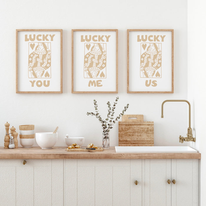 Neutral boho Print, Trendy Retro Wall Art, Set of 3, Retro Aesthetic Print,Lucky You Poster, Beige Print, Funny Art, Minimalist, Digital Art