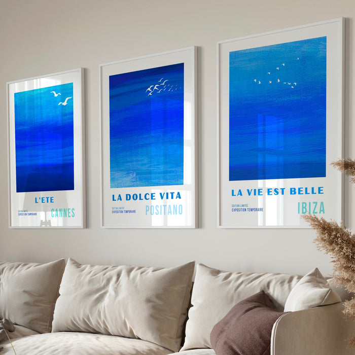 Trendy Retro Wall Art Set of 3 Retro Trendy Aesthetic Print Coastal Poster Blue Print Trendy Wall Art Abstract Art, Minimalist Digital Art