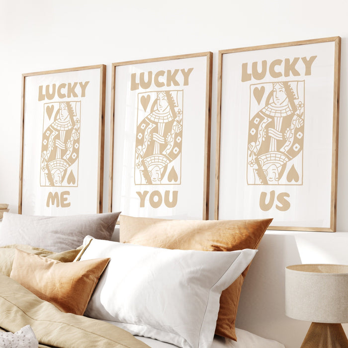 Neutral boho Print, Trendy Retro Wall Art, Set of 3, Retro Aesthetic Print,Lucky You Poster, Beige Print, Funny Art, Minimalist, Digital Art