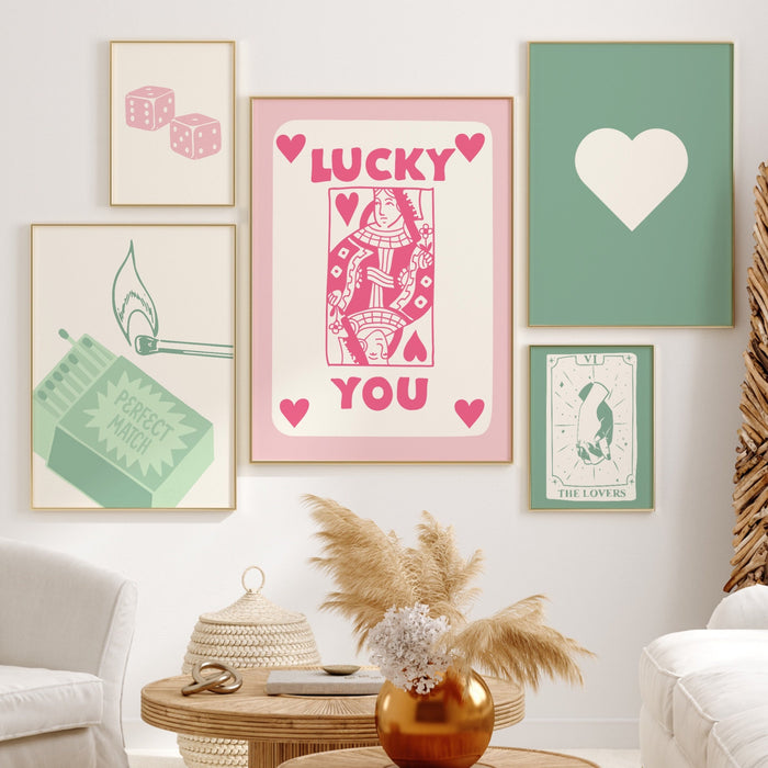 Trendy Retro Wall Art Set of 20 , Retro Trendy Aesthetic Print Pink and Green Poster, Lucky You Print, Trendy Wall Decor, Funny Art, Digital