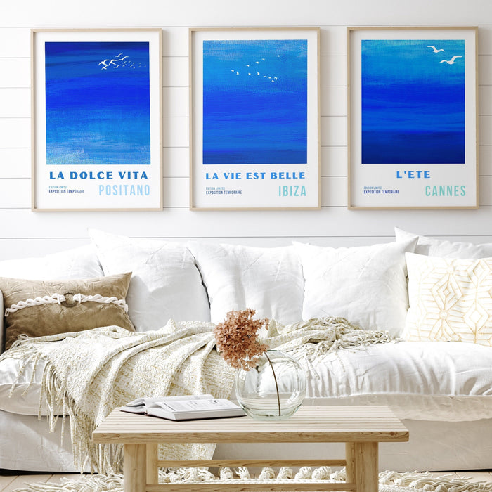 Trendy Retro Wall Art Set of 3 Retro Trendy Aesthetic Print Coastal Poster Blue Print Trendy Wall Art Abstract Art, Minimalist Digital Art