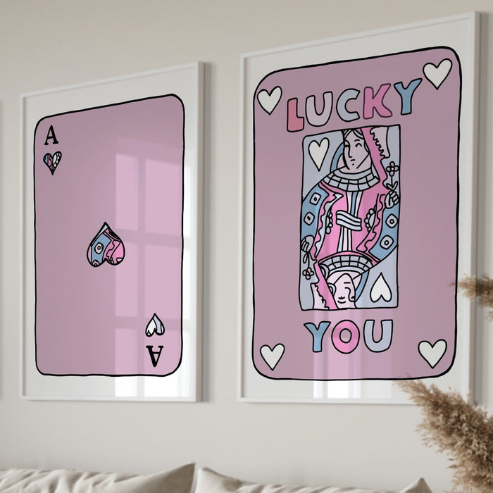 Trendy Retro Wall Art Set of 2,Retro Trendy Aesthetic Print,Lucky You Poster,Pink Print,Trendy Wall Art,Funny Art, Minimalist, Digital Art