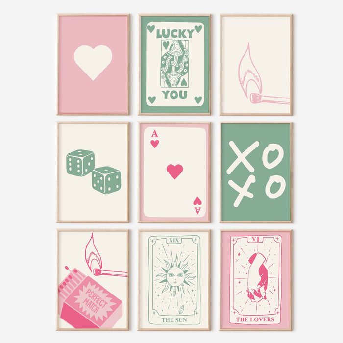 Trendy Retro Wall Art Set of 20 , Retro Trendy Aesthetic Print Pink and Green Poster, Lucky You Print, Trendy Wall Decor, Funny Art, Digital