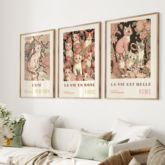 Set of 3, Cat Lovers Gift, French Travel Poster, Neutral Boho, Pink Art, Neutral, Retro, Liberty Cat Print, Printable Art, Digital Download,