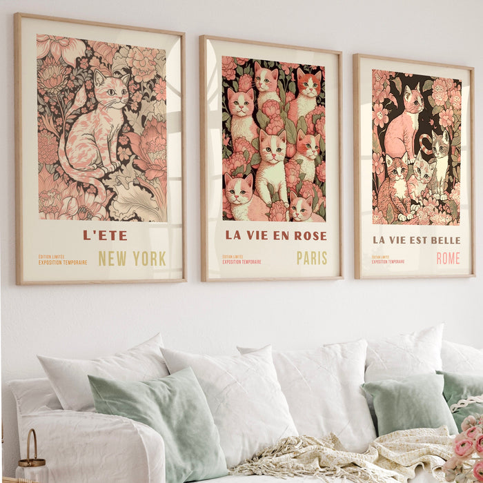 Set of 3, Cat Lovers Gift, French Travel Poster, Neutral Boho, Pink Art, Neutral, Retro, Liberty Cat Print, Printable Art, Digital Download,