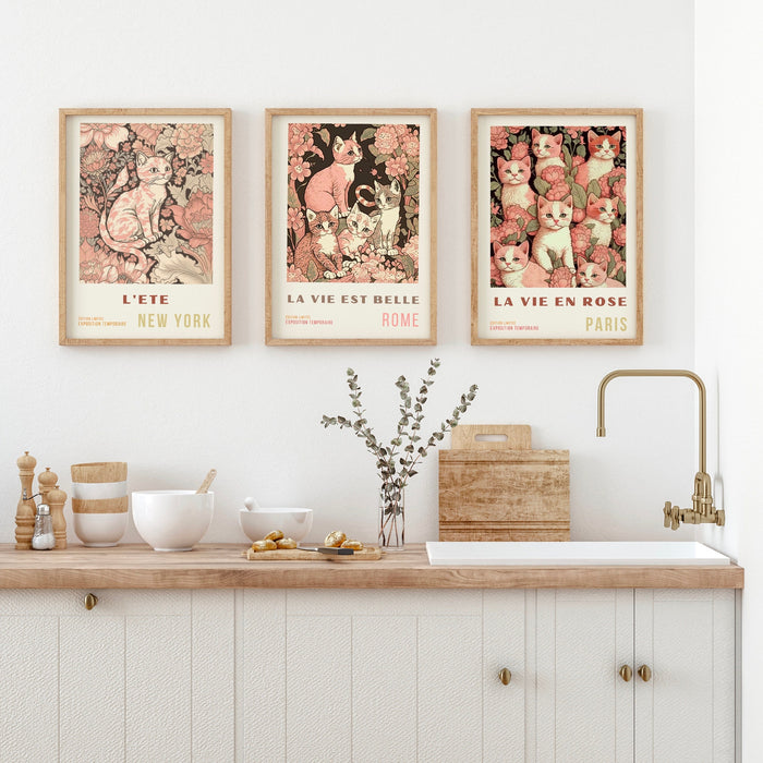 Set of 3, Cat Lovers Gift, French Travel Poster, Neutral Boho, Pink Art, Neutral, Retro, Liberty Cat Print, Printable Art, Digital Download,