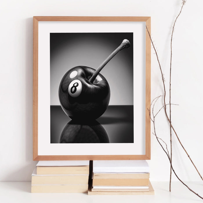 Trendy Retro 8 Ball Cherry Print, Black and White Photographic Wall Art Minimalist Decor Boy Dorm Room Art Large Printable, Digital Download