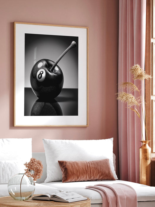 Trendy Retro 8 Ball Cherry Print, Black and White Photographic Wall Art Minimalist Decor Boy Dorm Room Art Large Printable, Digital Download