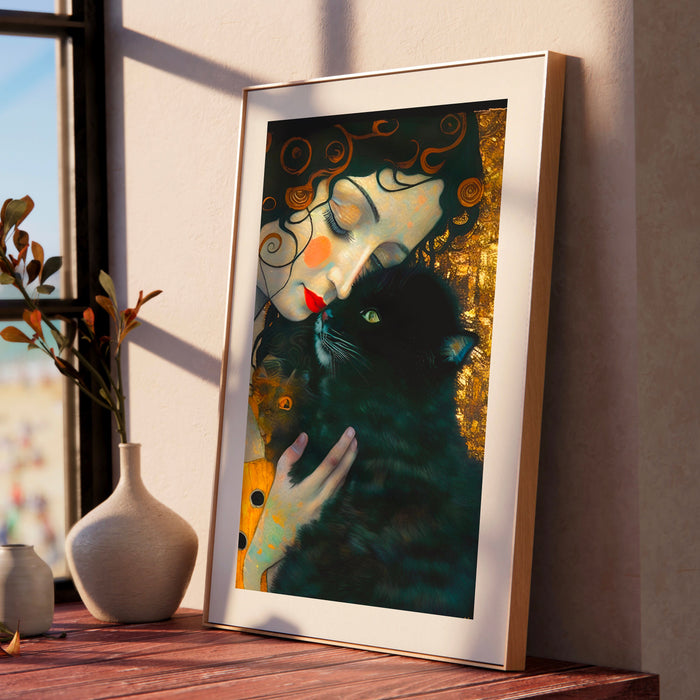 Gustav Klimt Famous Painting with Black Cat Poster, Black Cat Art, Floral Print, Cat print, Funny gift, Home decor, Digital Download