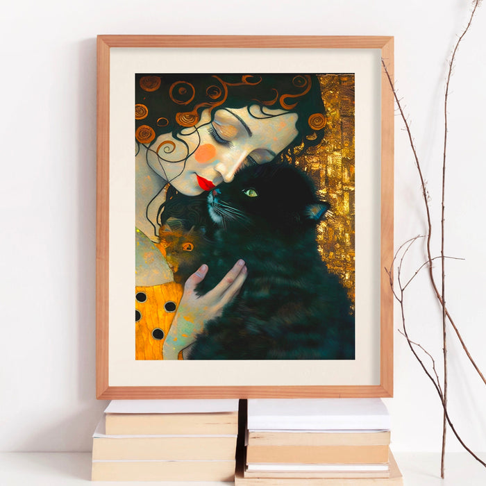 Gustav Klimt Famous Painting with Black Cat Poster, Black Cat Art, Floral Print, Cat print, Funny gift, Home decor, Digital Download
