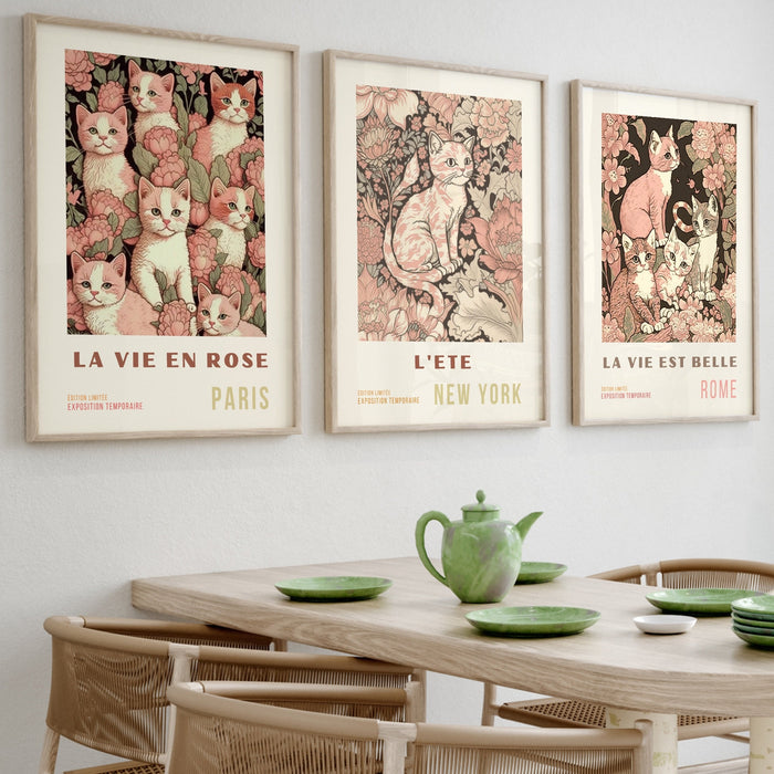 Set of 3, Cat Lovers Gift, French Travel Poster, Neutral Boho, Pink Art, Neutral, Retro, Liberty Cat Print, Printable Art, Digital Download,