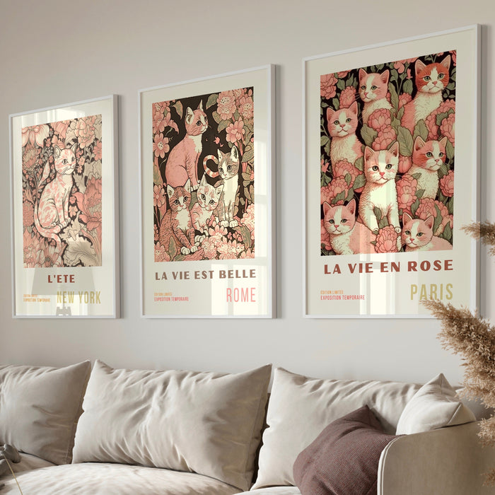 Set of 3, Cat Lovers Gift, French Travel Poster, Neutral Boho, Pink Art, Neutral, Retro, Liberty Cat Print, Printable Art, Digital Download,